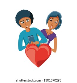 young couple with technological devices and earth love