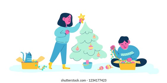 A young couple and their cat decorating christmas tree at home. Cute cartoon minimalistic illustration in modern colors.
