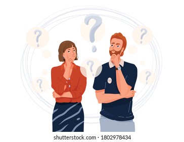 Young couple think about problem. Question symbol. Troubled woman and man thinking together. Vector illustration in simple flat cartoon style isolated on white background.