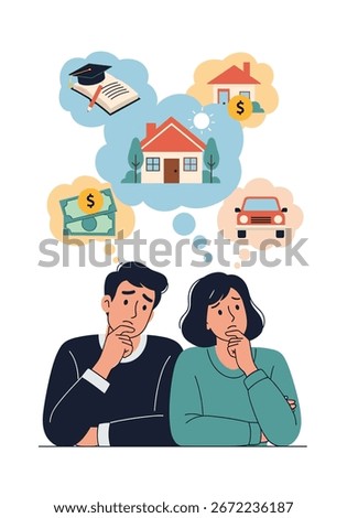 Young couple thinking about future goals financial planning for life decisions and major purchases