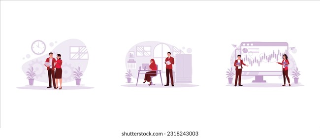 The young couple is together and chatting by laptop. Muslim businesswoman working professionally with a male assistant. Two co-workers are discussing and analyzing graphs on a big screen. 