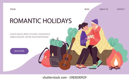 Young couple together enjoying romantic holidays sitting near bonfire outdoor. Man and woman at adventure hiking or travel for two. Vector illustration. Landing page template.