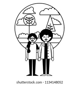 young couple together with landscape icon