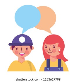 young couple together with speech bubble