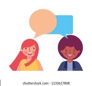 young couple together with speech bubble