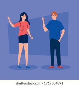 Young Couple Togethers Waving Avatar Character Vector Illustration Design