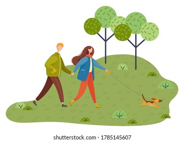 Young couple in the top warm clothes walks with little dog in the park. Long hair woman holds a dog leash. Outdoor activity. Autumn or spring season. Walk on fresh air with your pet. Flat vector