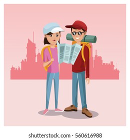 young couple tourist map rucksack cap traveler urban background