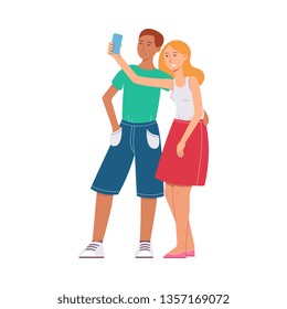 A young couple of tourists makes a selfie using the camera phone in travel, adventure and tour. African American man and white caucasian woman or blonde girl in vacation, vector flat illustration.