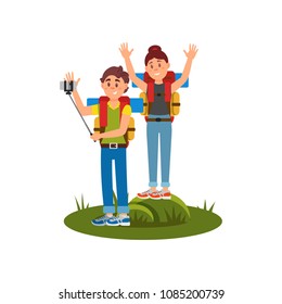 Young couple of tourists making selfie using monopod and camera. Summer hiking. Active recreation at nature. Flat vector design