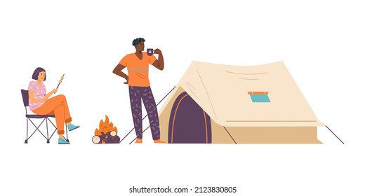 Young couple of tourists resting in a campsite near tent, cartoon flat vector illustration isolated on white background. Camping and vacation on open air concept.