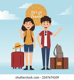 Young Couple tourists traveling with travel bag backpack going on vacation trip  Travelers portrait collection Travel and tourism