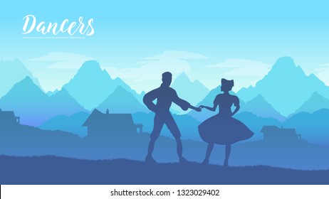 Young couple in traditional bavarian clothes concept. Girl in dirdl dress dance in nature  Bavarian Couple Dance Oktoberfest Munich design