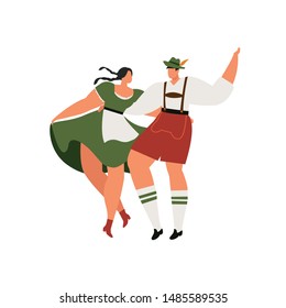 Young couple in traditional bavarian clothes with girl in dirdl dress dance. Bavarian Couple Dance Oktoberfest Munich. Flat Cartoon Vector Illustration Collection.