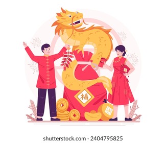 A Young Couple in Traditional Chinese Costumes Celebrates Chinese New Year With a Yellow Dragon. A Man Holding Confetti, a Woman Holding a Red Envelope and a Lantern