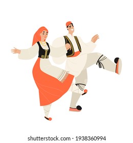 Young couple in traditional Greek dress dancing sirtaki. Isolated illustration in cartoon style