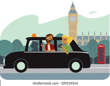 Young couple in traditional london cab vector illustration