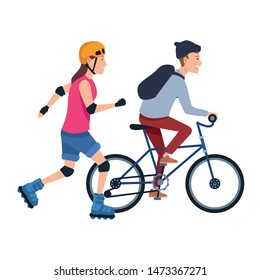 Young couple training with bike and rolling skates extreme sports ,vector illustration graphic design.