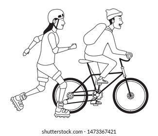 Young couple training with bike and rolling skates extreme sports ,vector illustration graphic design.