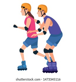 Young couple training rolling skates with helmets extreme sports ,vector illustration graphic design.