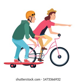 Young couple training with skateboard and bike extreme sports ,vector illustration graphic design.