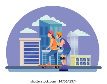 Young couple training skateboard and skates extreme sports in the city urban buildings. scenery in the city urban scenery background ,vector illustration graphic design.