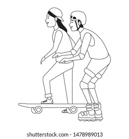 Young couple training skateboard and skates extreme sports ,vector illustration graphic design.