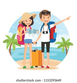Young couple with travel bag and map traveling on the beach