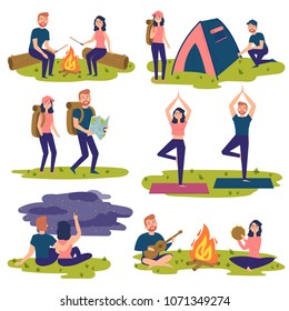 Young couple travel together and doing yoga, hiking, singing sons near bonfire. Man and women with backpacks. Camper people set, tourists traveling, camping and relaxing vector Illustrations