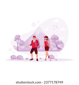 A young couple of travelers with backpacks on their backs climbs a mountain along a steep path. Family Travel and Adventure. Hiking Mountain concept. Trend Modern vector flat illustration
