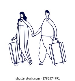 young couple travelers with suitcases avatars characters vector illustration design