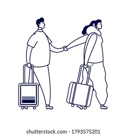 young couple travelers with suitcases avatars characters vector illustration design