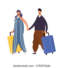 young couple travelers with suitcases avatars characters vector illustration design