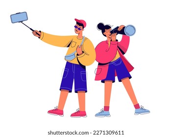 Young couple traveling. Female tourist with photo camera. Man tourist doing foto use selfie stick. Vtctor illustration