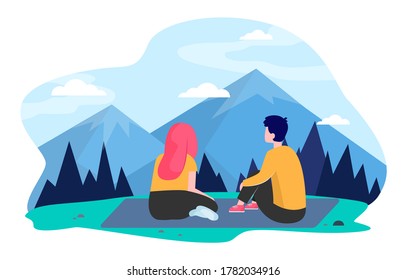 Young couple traveling in mountains. Girl and guy sitting on ground and admiring peaks flat vector illustration. Hiking, outdoor tourism concept for banner, website design or landing web page