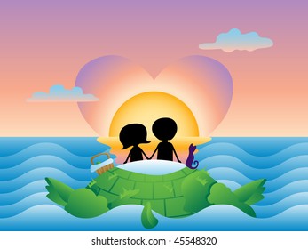 Young couple traveling on a turtle