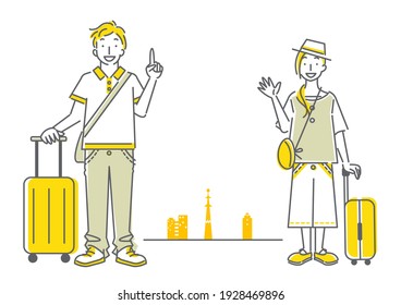 young couple traveling, simple line art, bicolor