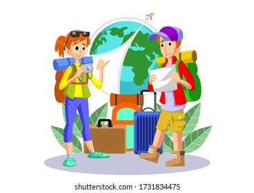 Young Couple traveling with travel bag, . Airport. Travel and tourism. Flat design modern vector illustration concept.