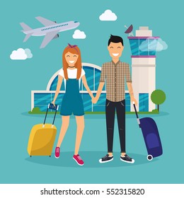 Young Couple traveling with travel bag, holding passport and tickets. Airport. Travel and tourism. Flat design modern vector illustration concept.