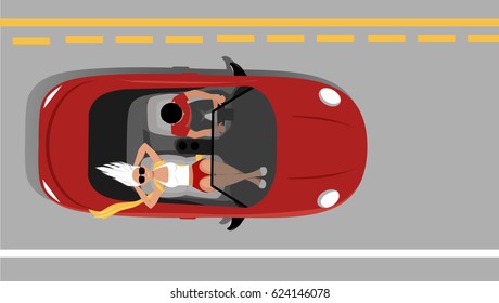 Young couple travelling in a convertible, view from above, EPS 8 vector illustration