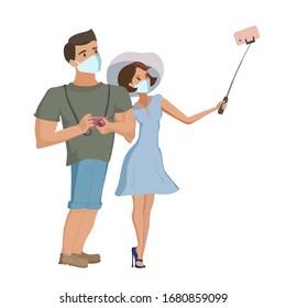 Young couple travelling on a vacation in summer clothes and medical masks make selfie with smartphone and mono pod. Vector cartoon illustration