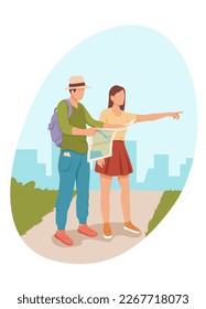 Young couple travelling on vacation. Sightseeing and recreation together. Romantic journey, exploration and recreation. Tourism lifestyle cartoon illustration