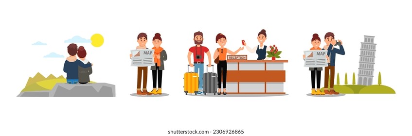 Young Couple Travelling on Vacation Vector Illustration Set