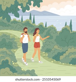 A young couple travels in nature. Man and woman with backpacks. Hiking tourism. Recreation, leisure and adventure are active. Happy people. Beautiful wildlife landscape. Cartoon vector illustration