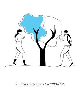young couple with tree plant vector illustration design
