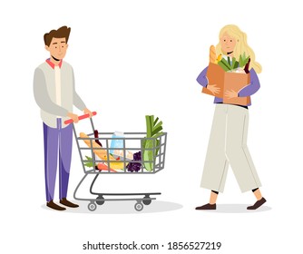 Young couple with trolley and bags full of food in supermarket. Family shopping in supermarket. Vector illustration in flat style isolated on white background