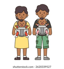 YOUNG COUPLE WITH TWIN BABIES IN CARRIERS black family in casual outfits cute illustration kawaii style outline drawing people simple minimalistic doodle happy kiddy isolated