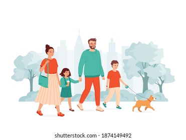 Young couple with two children and a dog walks holding hands in city park. Happy  family mom, dad, daughter and son spend time together. Active weekend, healthy lifestyle. Isolated vector illustration