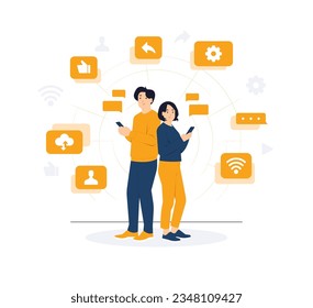 Young couple two friends standing back to back man woman together hold use mobile smart phone, chatting, Texting, typing, and sending messages. having online conversation concept illustration 