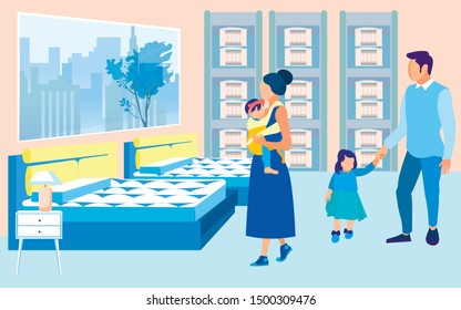 Young Couple With Two Little Daughters, Toddler And Baby In Sling, Looking About Bedding Store. Stand With Mattresses Samples In Section. Large Exhibition Space With Beds To Test Items Before Buying.